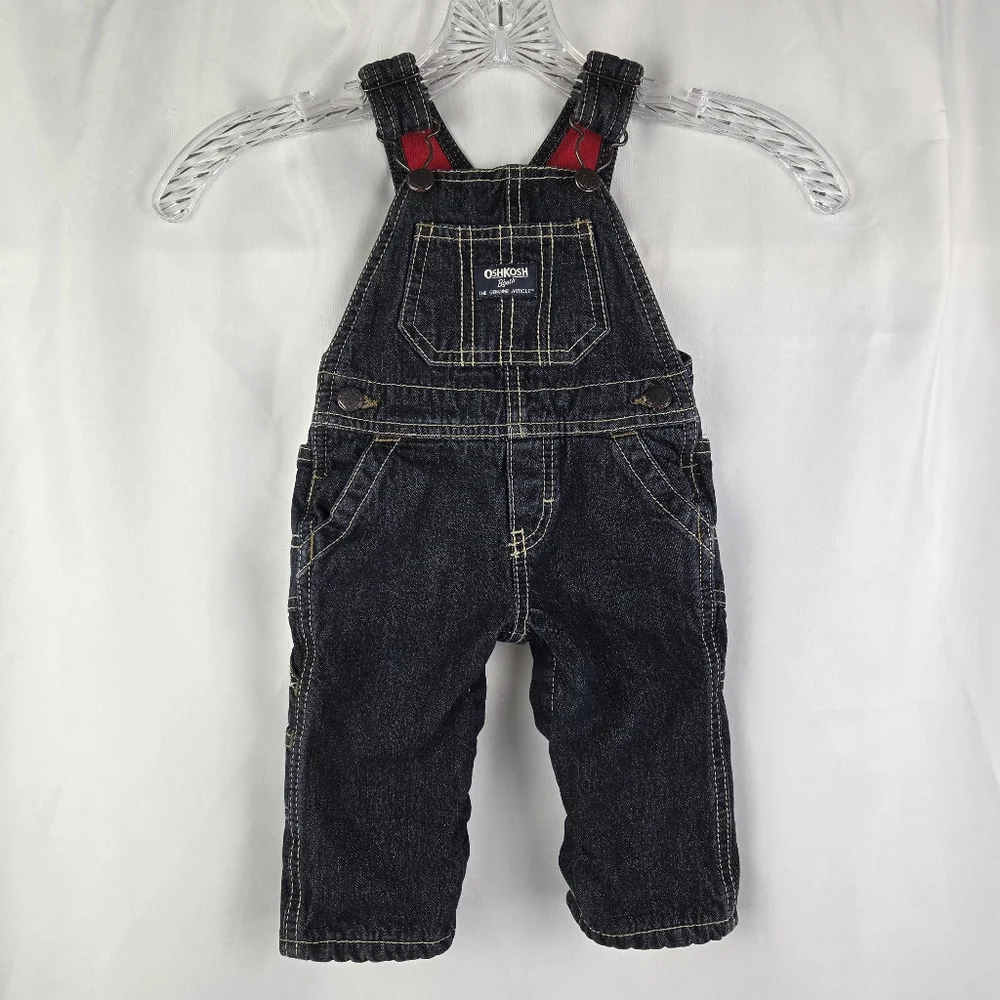 OshKosh B'gosh Fleece Lined Dark Wash Denim Jean Overalls Baby Boy Size 6 Months